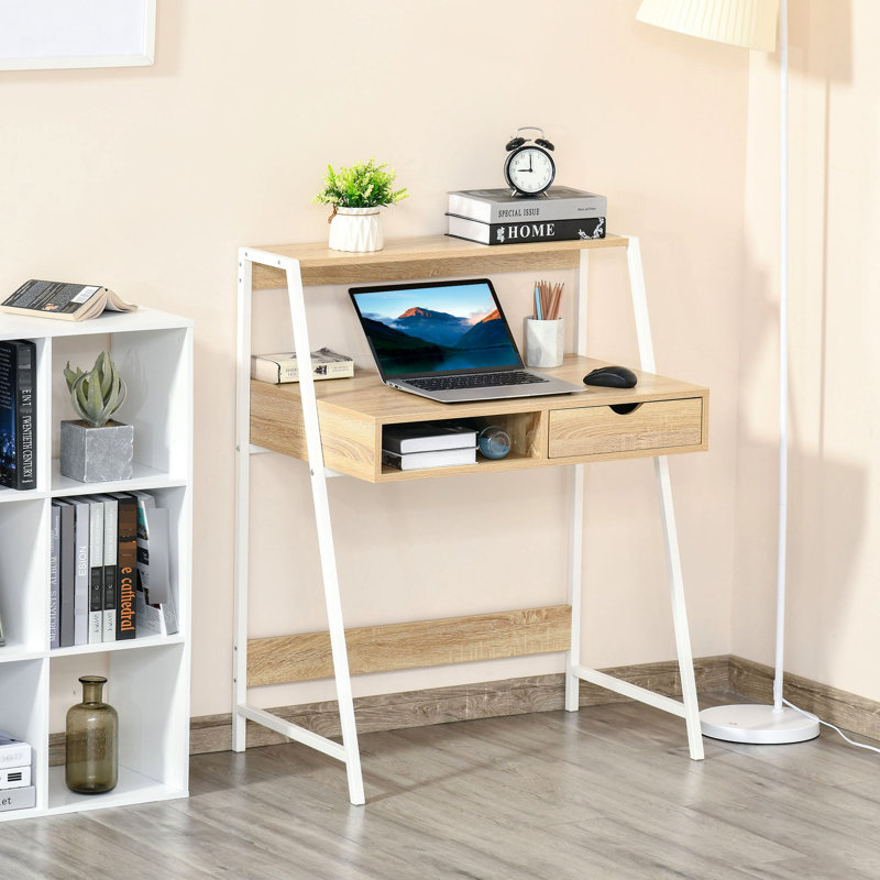 Bureau d'ordinateur avec aspect bois naturel, tiroir, tablettes de rangement, économiseur d'espace, structure en métal pour bureau à domicile, bois, tablette de présentation, largeur de 19,29 po, conception stable