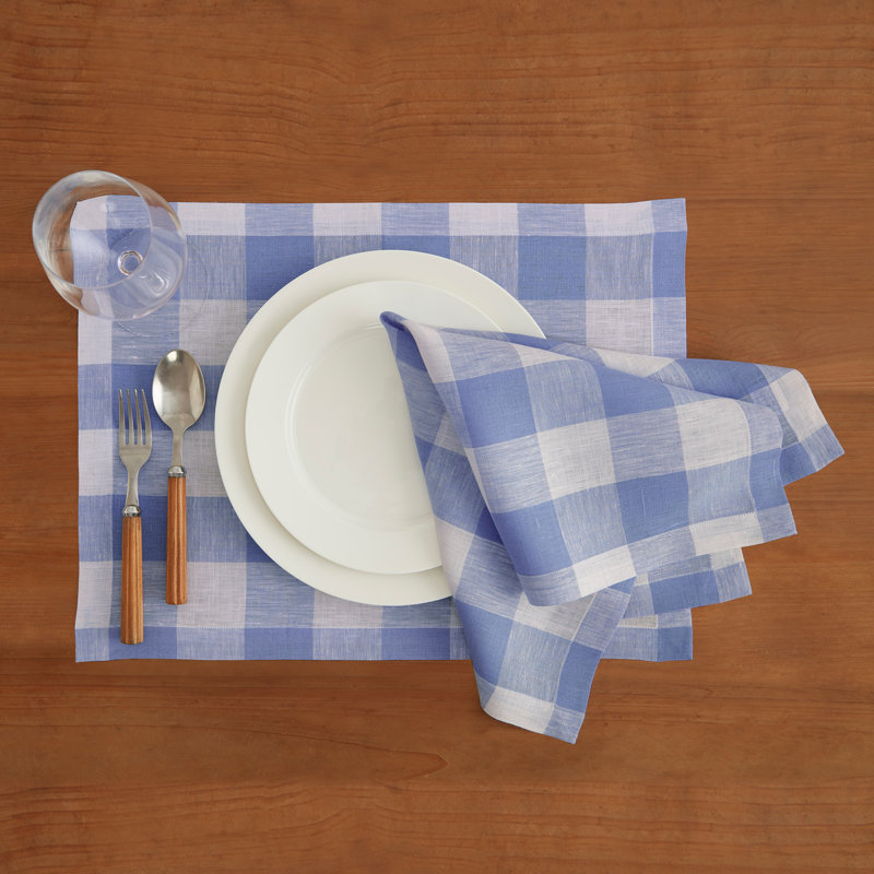Buffalo Check - 100% Pure Linen Dinner Napkins, Hydrangea Blue