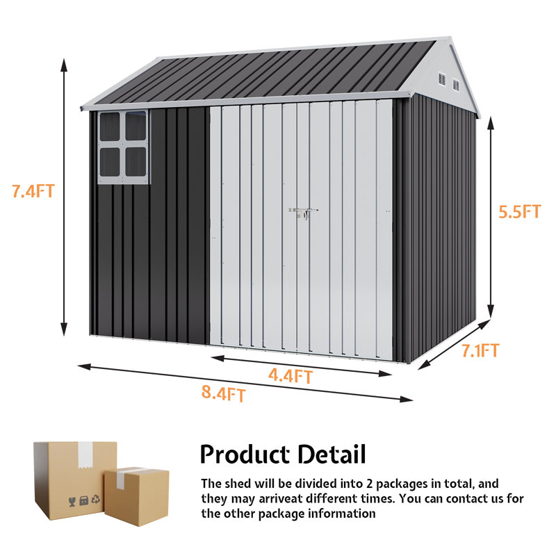 AMERLIFE Outdoor Storage Shed, Lockable Double Hinged Doors, 4 Vents, Backyard, Black/White, 8 Ft. x 6 Ft.