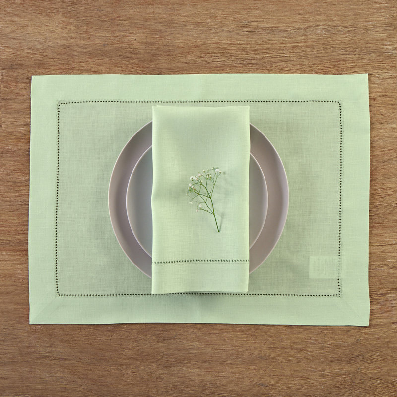 100% Pure Linen Hemstitch Dinner Napkins - Classic Hemstitch, Light Green