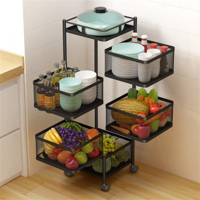 Chariot de rangement rotatif carré à 5 niveaux avec roulettes, organisateur de cuisine sans assemblage pour fruits et légumes