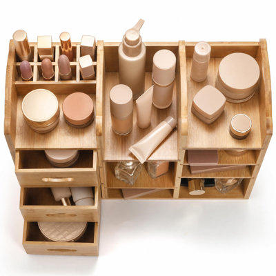 Organisateur de maquillage avec tiroirs, grande tablette de rangement pour cosmétiques, idéale pour le comptoir de votre coiffeuse. Organisateur de soins de la peau pour bureau, produits de beauté, présentoir de cosmétiques, rangement de papeterie (bambou).