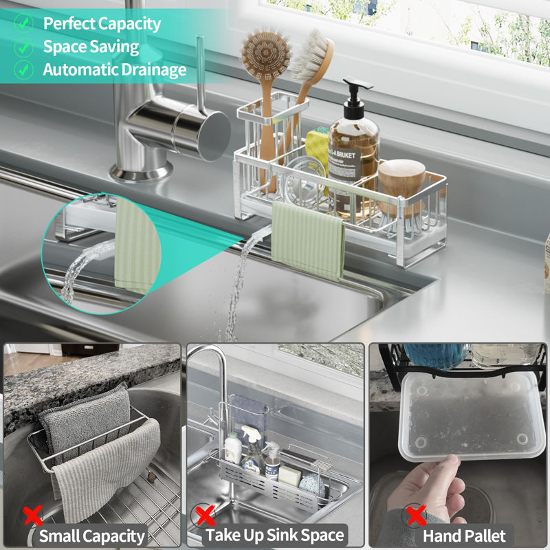 Évier de cuisine en acier inoxydable avec égouttoir, porte-éponge et lavette, organisateur de cuisine résistant à la rouille, finition argent poli
