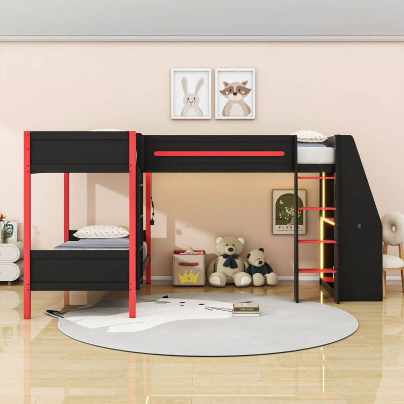 Bunk Bed With Built-In Desk, Shelves And LED