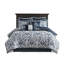 Édredon pour grand lit 8 pièces. Bleu marine / argent. Médaillon séduisant. Remplir. Comprend 1 édredon, 2 taies décoratives européennes, des coussins décoratifs et une jupe de lit. Lavable à la machine pour grand lit. Tissage gracieux. Comprend