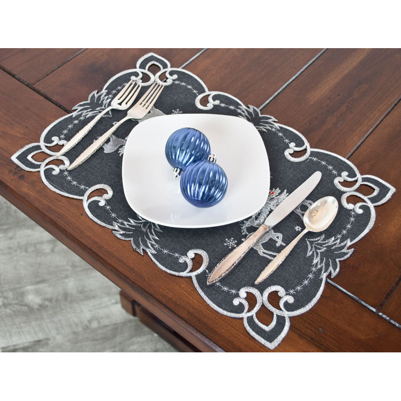Judeen Silver Reindeer Dark Grey Placemats, Set of 4 (11"x21")