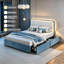 Structure de lit double à DEL avec 2 tiroirs de rangement, lit plateforme tapissier ondulé, aucun sommier tapissier, tissu en velours et panneau de fibres à densité moyenne, noir et blanc-128967663-128967665