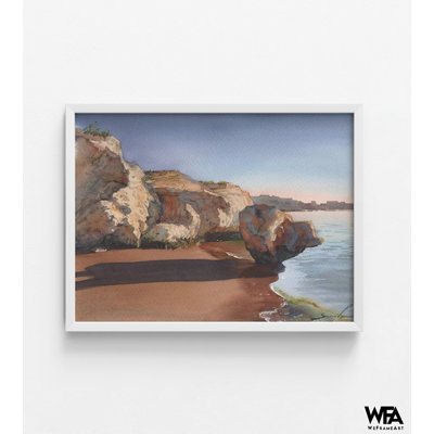 Paysage ensoleillé par Samira Yanushkova, reproduction de peinture aquarelle bord de mer, décor de salon paysage rocheux, petite décoration murale de bureau personnel