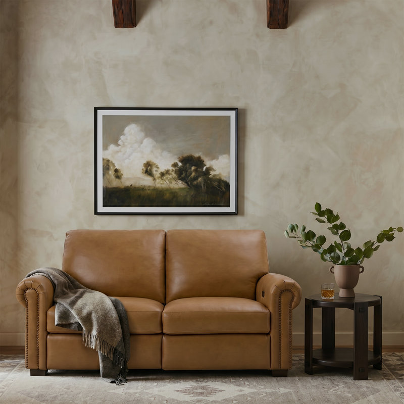 Igon 62.8" Traditional Down-Filled Genuine Leather Power Reclining Loveseat Sofa, Camel