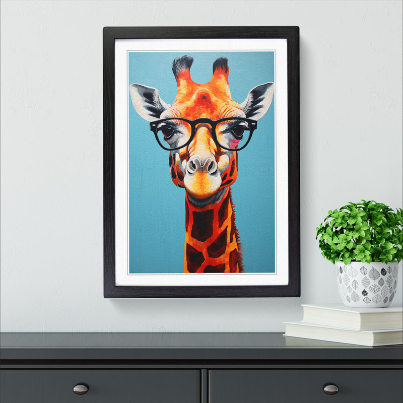 Giraffe With Glasses - Single Picture Frame Print on Wood, 64cm H x 46cm W x 2cm D, Black