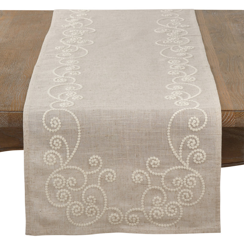 Natural Linen Blend Embroidered Swirl Table Runner 16"x108"