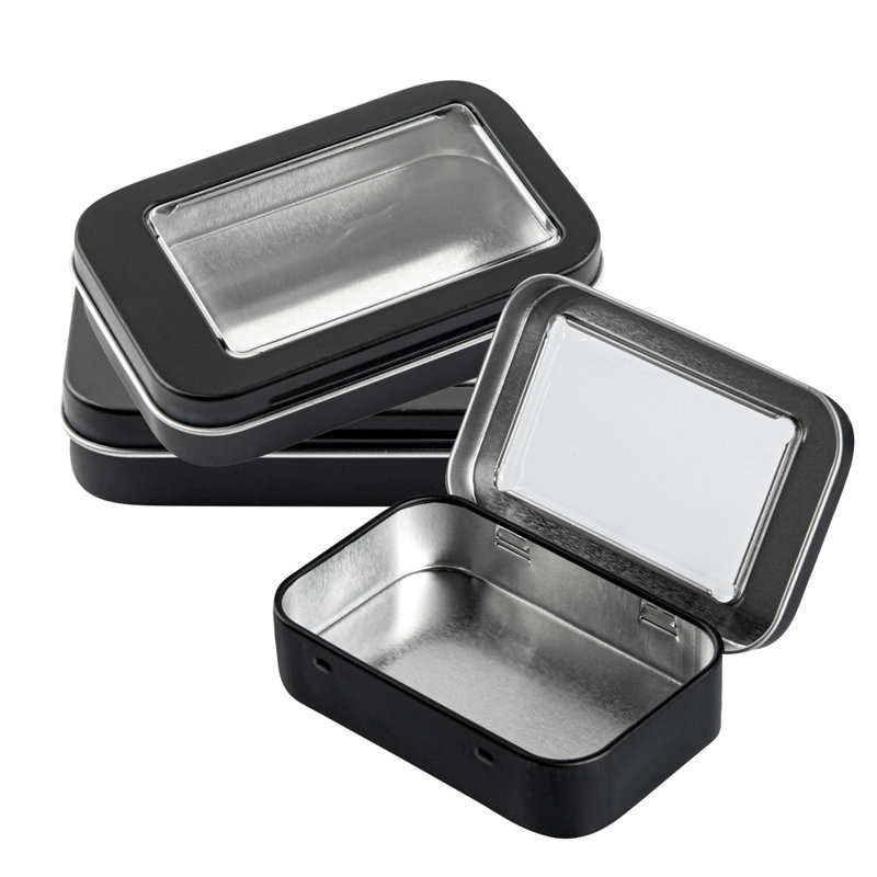 Restaurantware-RW Base 4.5 Ounce Rectangular Tin Containers, 100 Durable Tin Boxes With Lids - Clear Window Lids, Rounded Edges, Black Storage Containers, Customizable, Fits Mints, Or Pills
