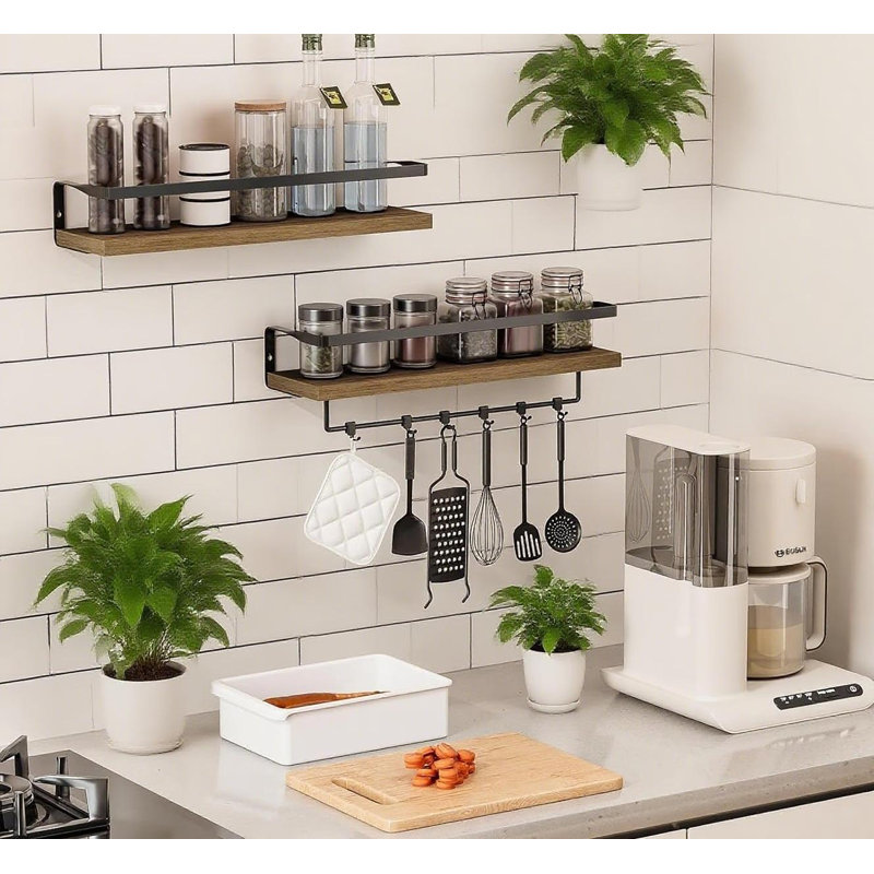 Floating Shelves With Towel Bar, Wall Mounted Bathroom Storage Shelves For Kitchen, Bedroom, With Metal Frame, Set Of 2