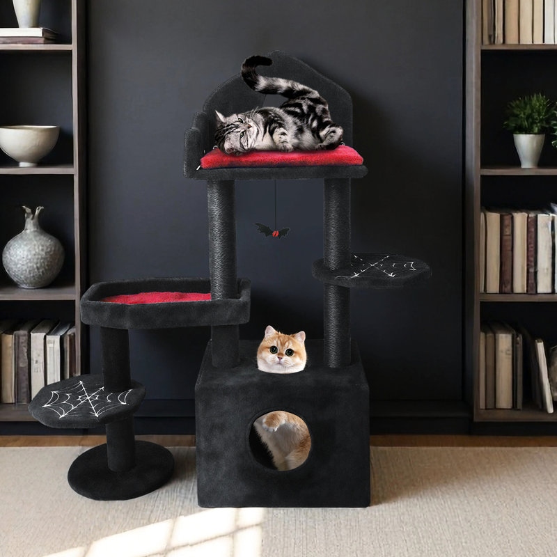 Arbre à chat de style noir avec forme de maison, espace de repos confortable et meubles à griffes renforcés avec coussin moelleux