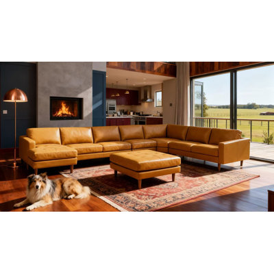 Allysson 174" Wide Leather Match Right Hand Facing Modular Corner Sectional with Ottoman