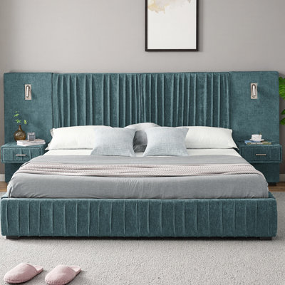 Queen Size Upholstered Platform Bed with Headboard & Built-in Nightstand, Chenille Fabric Bed Frame with Adjustable Bedside Lamps and Storage, No Box Spring Needed