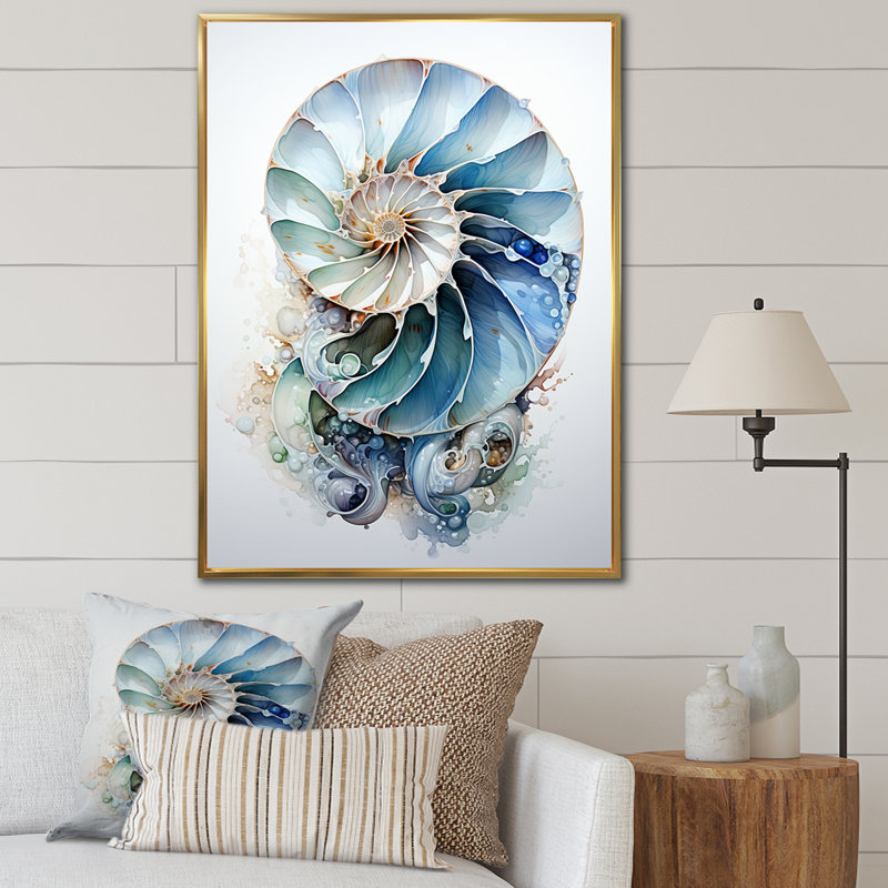Nautilus Ocean Blue Sheels Symetry - Nautilus, art mural, Reproduction avec cadre flottant, H 20 po x l 12 po, Doré