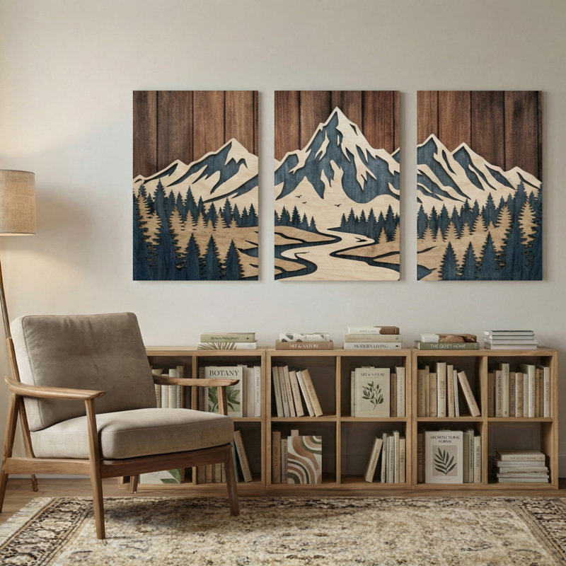 Paysage et nature, montagne, forêt, rivière, reflet, art en bois, H 36 po x l 72 po