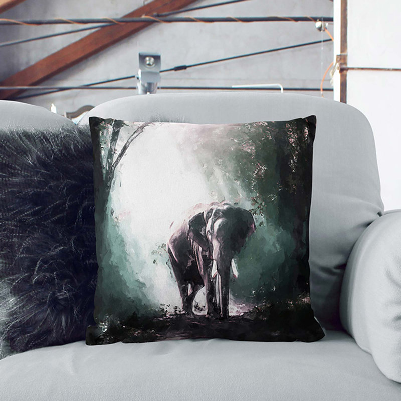 Elephant Roaming in a Green Forest in Abstract Cushion with Filling, 40cm H x 40cm W x 15cm D, Stone