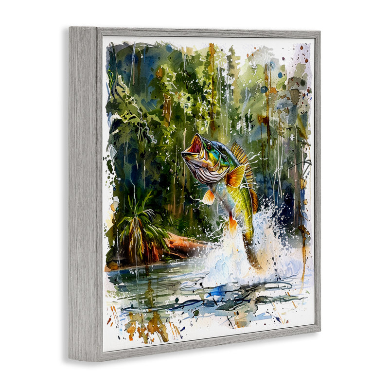 Jumping Bass Splash Giclee Art by LSR Design Studio, 24'' H x 24'' W, Farmhouse Gray Framed Giclee