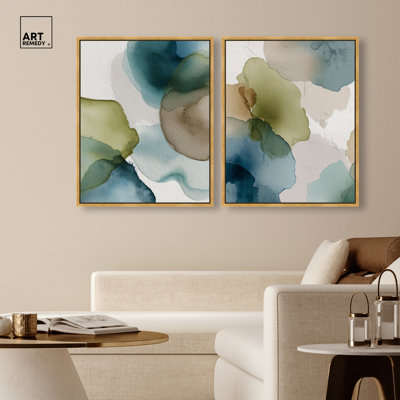 Moss Forms Duo Framed Canvas Print Watercolor Wall Art Set by Art Remedy, Gold Frame, 24 x 30