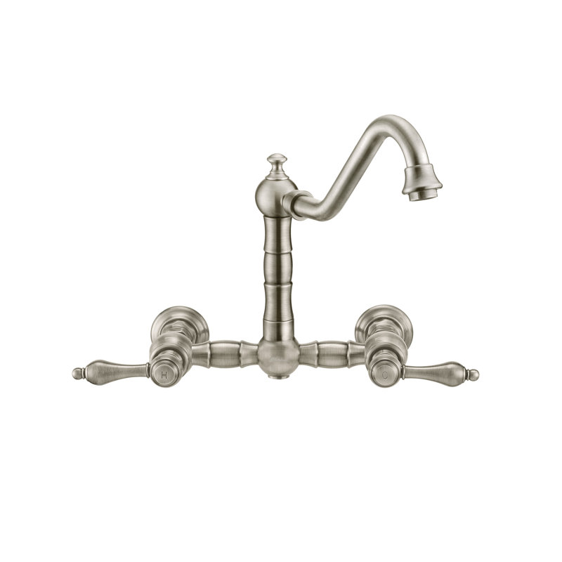 Whitehaus Wall Mount Faucet with Long Traditional Swivel Spout and Solid Brass Side Spray, Brushed Nickel, Cross