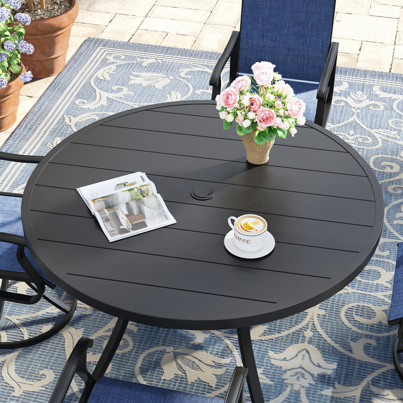 4-Person Round Patio Dining Set With Swivel Textilene Chairs, Black/Blue