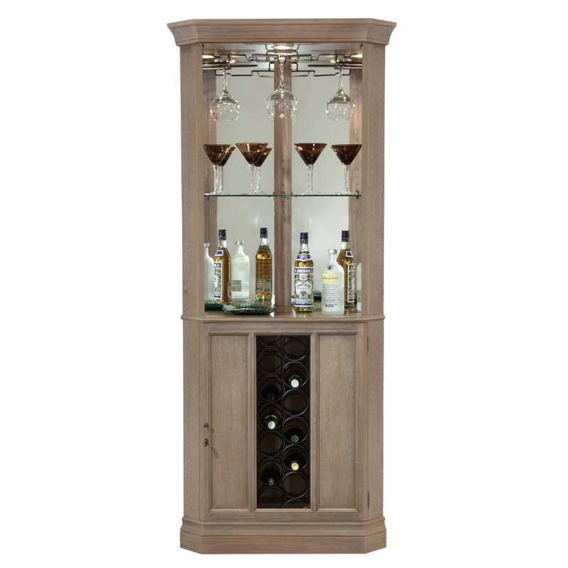 Piedmont IV Corner Wine Cabinet with Lighting and Glass Door, Light Brown