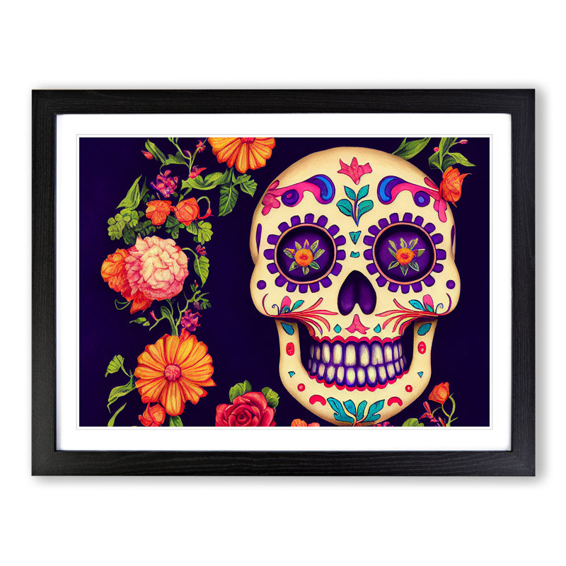 Fancy Floral Sugar Skull - Single Picture Frame Print, 46cm H x 64cm W x 2cm D, Black Framed