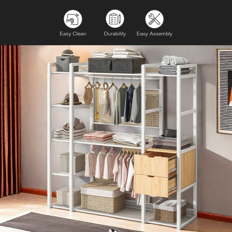 Open-Style Wardrobe With Hanging Rails, Shelves And Drawers, White