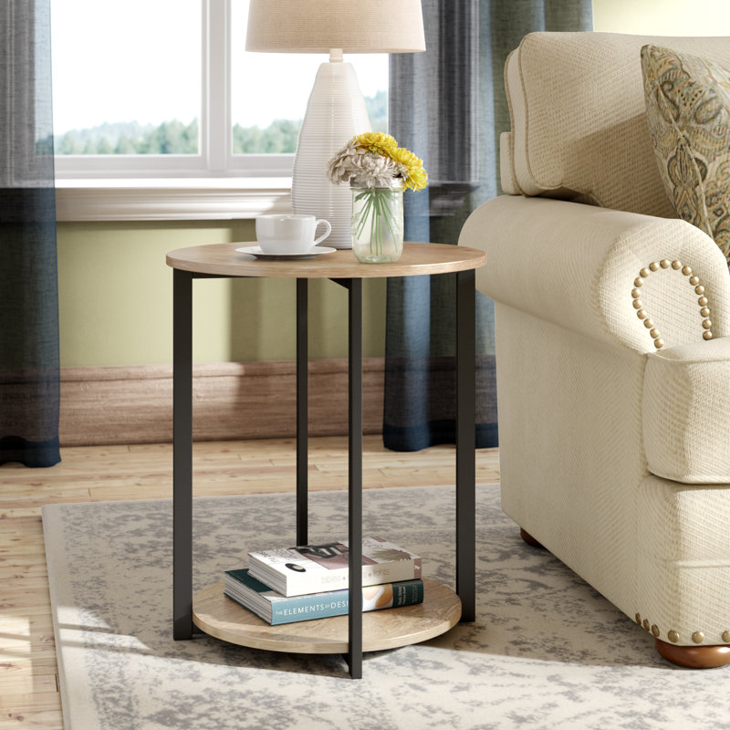 Gateshead Jamestown Round Side End Table with Storage Shelf Rustic Wood Grain and Metal, Ashwood