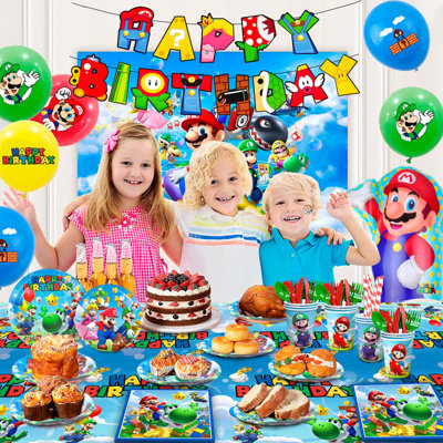 Super Mario Birthday Party Backdrop Decor Decorations, 177 Pcs Super Mario Party Supplies & Super Mario Party Tableware for Kids Set