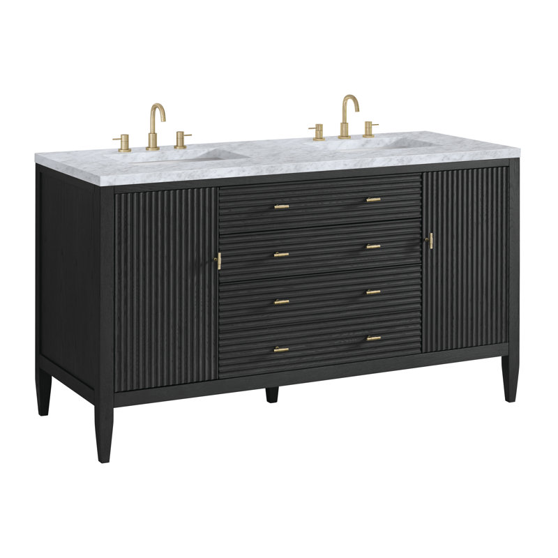 Myrrin 60'' Double Bathroom Vanity with Top, Carbon Oak, Carrara White, 8" Widespread