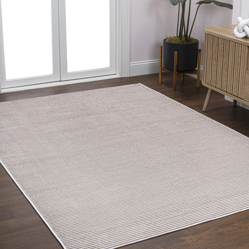 Wolcott Modern Minimalist Pinstripe High-Low Cream/Silver Rug, Rectangle 4' x 6'