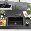 Évier de cuisine en quartz noir de 63,5 cm (25 po), à encastrer par le dessus, à une cuve, en composite de granit, avec égouttoir enroulable, crépine et grille de fond, profondeur de 24,5 cm (9,65 po), bonde arrière.-115613310