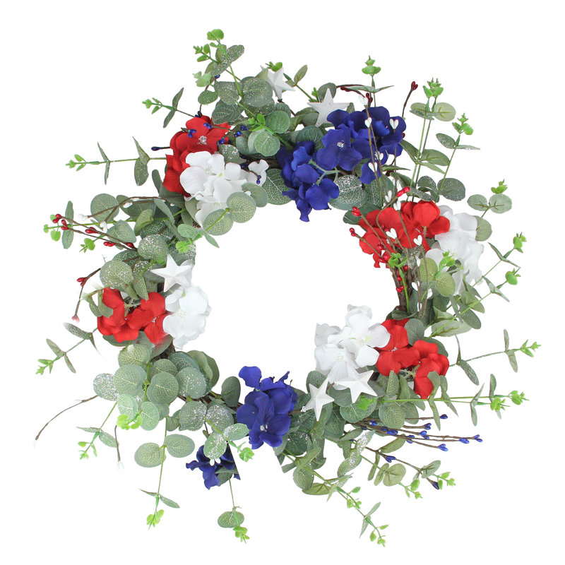 Red white and Blue Hydrangea and Eucalyptus Patriotic Artificial Wreath