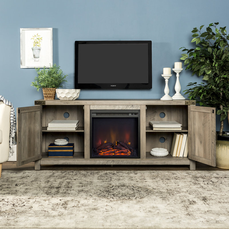 Benedict Unfinished TV Stand for TVs up to 65" with Fireplace Included, Gray Wash, Yes
