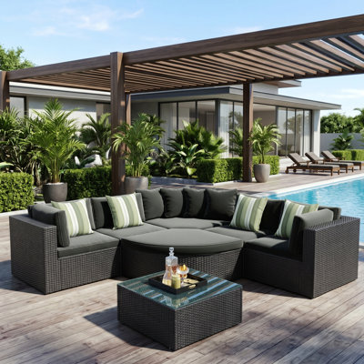 7-Piece All-Weather Wicker Sectional Sofa Set Modular Patio Conversation Set With Cushions Tempered Glass Coffee Table,Gray
