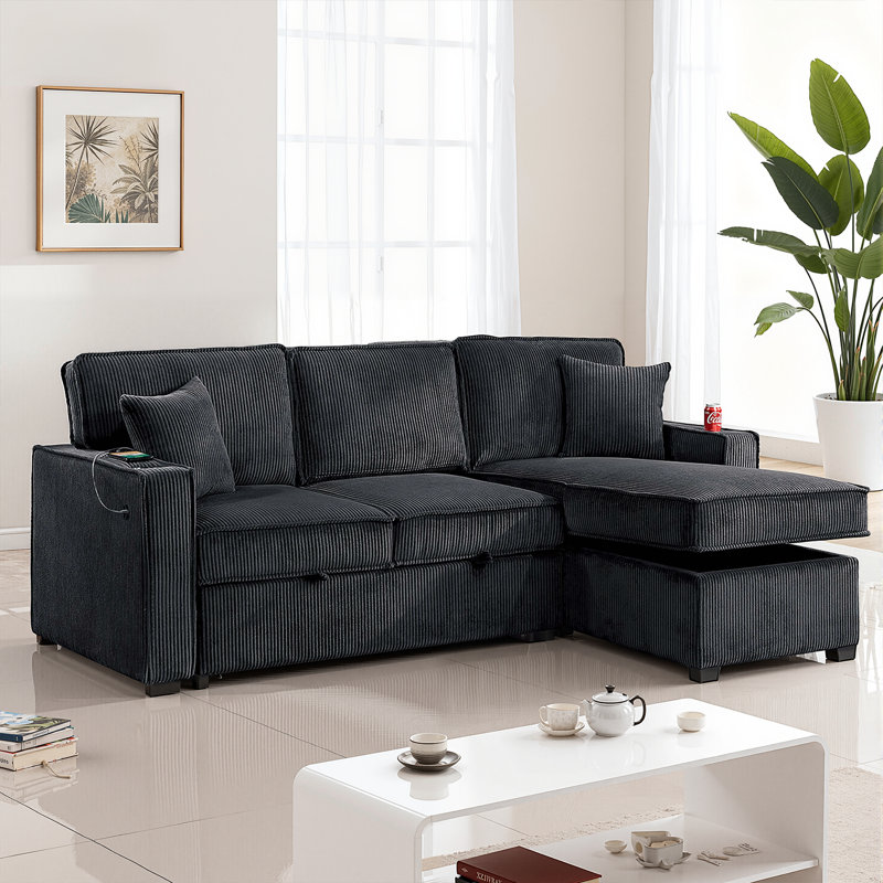 Convertible Sectional Sofa With Reversible Storage Chaise, Cup Holder, Usb & Usb-C Ports, And Sleeper Function, Black Corduroy Fabric