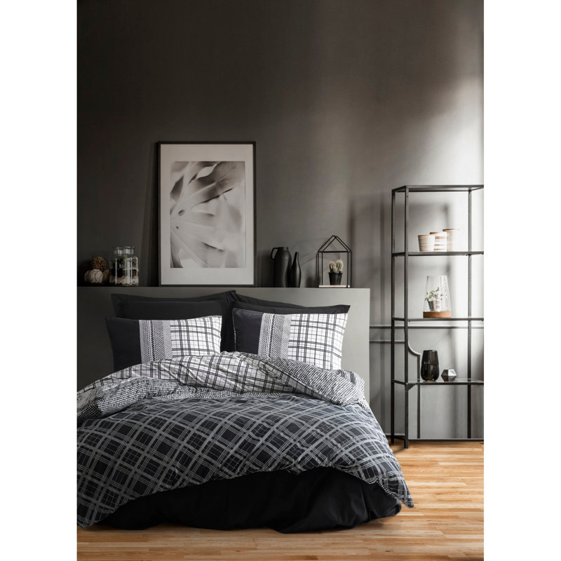 Ensemble de housse de courtepointe Luxury Ranforce, 100% coton, noir, blanc et gris | Housse de couette 78,7 po x 86,6 po, drap plat 94,5 po x 102,4 po, 2 taies d'oreiller 19,7 po x 27,6 po | Impression réactive, lavable à la machine, fermeture à boutons