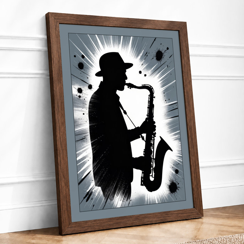Saxophone Silhouette Urban Art - Framed Print, A3 - 42.0 x 29.7 cm, Walnut
