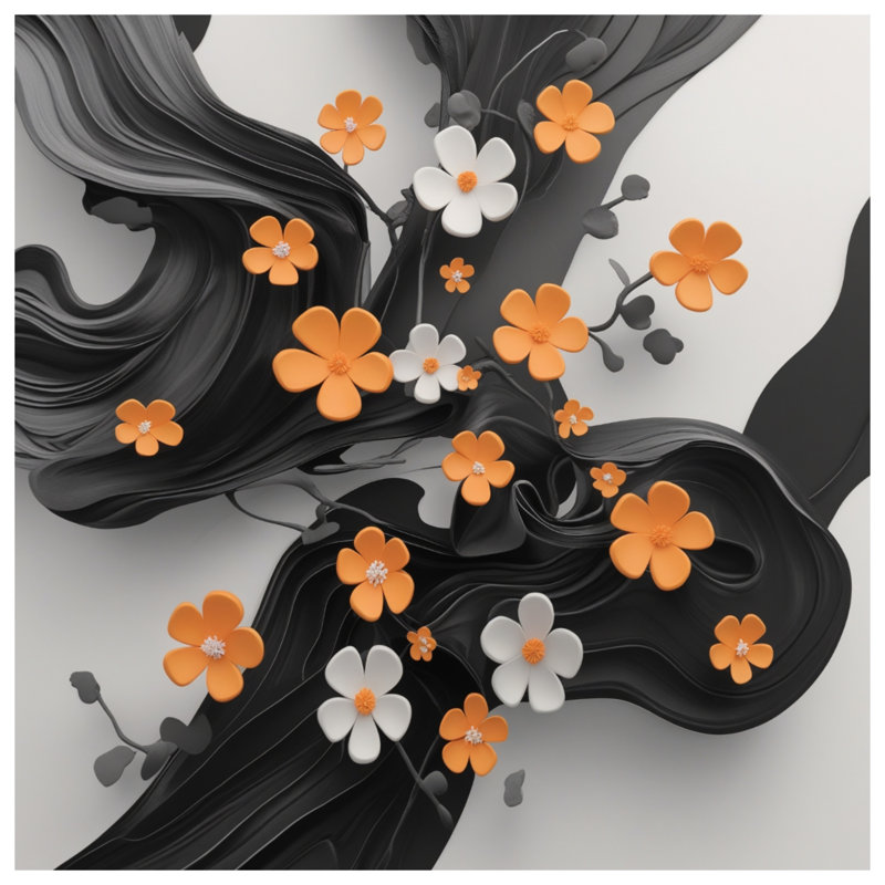 Housses de couette orange, fleurs blanches, Très grand lit