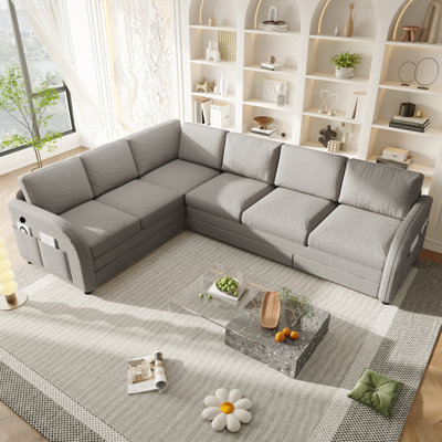 115.2" L-Shaped Sofa Couch with Pull-Out Bed,Oversize Convertible Sleeper Sofa with side Pocket & USB Port,Teddy Upholstered Sectional Couches with Convert Left/Right Facing
