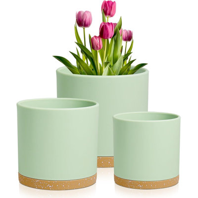 Cylinder Plastic Plant Pots Set Of 3 (8, 7 & 6 Inch) – Green With Brown