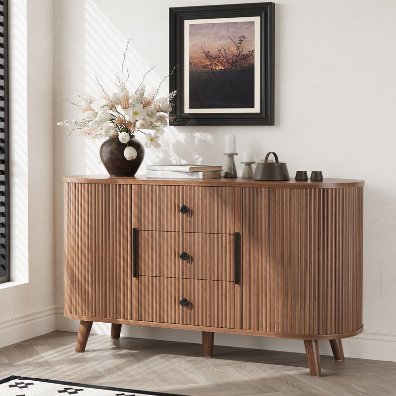 47'' Modern Sideboard Buffet Cabinet With Drawers, Adjustable Shelves, Sliding Doors, And Rounded Edges, Storage Credenza For Kitchen, Dining Room, Living Room, Black Or Walnut Finish