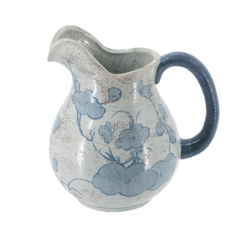 Vase rond en céramique 8,5 x 6,5 x 9 po avec motif floral bleu et blanc