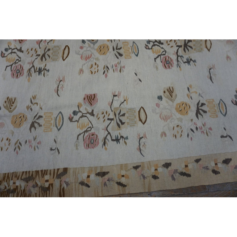 Room Size Antique Light Ivory Color Floral Flatwoven Bessarabian Kilim Rug