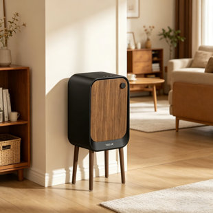 Stainless Steel & Wood Grain Finish Automatic Sensor Trash Can With Elevated Stand, Touchless Waste Bin With Anti-Slip Pads, Mid-Century Modern Style For Living Room & Kitchen