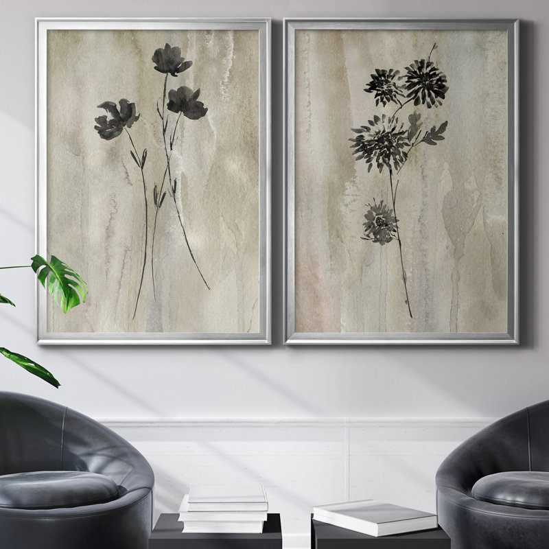 «Sumi-E Silhouette III», ensemble de 2 reproductions d'art, Toile encadrée, H 22,5 po x l 61 po, Argent argent