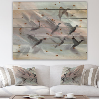 Silhouettes de vol d'oiseaux sur fond pastel I - reproduction d'art sur bois sans cadre